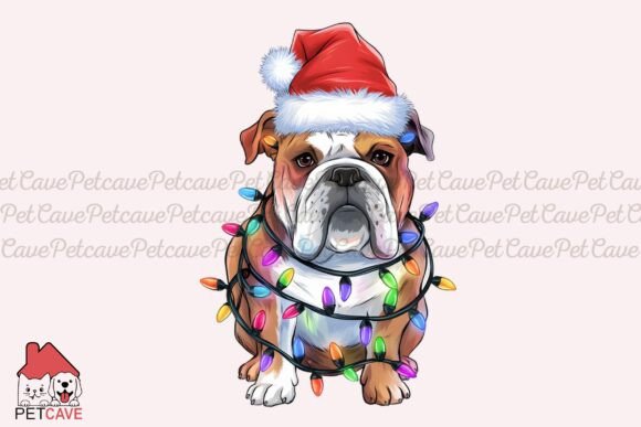 Festive Bulldog in Santa Hat Lights Graphics and T-Shirt Designs