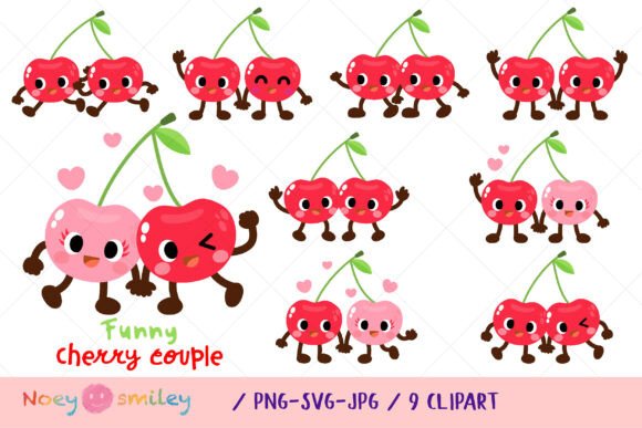 Funny Cherry Couple, Cute Fruit Clipart Graphics and Illustrations