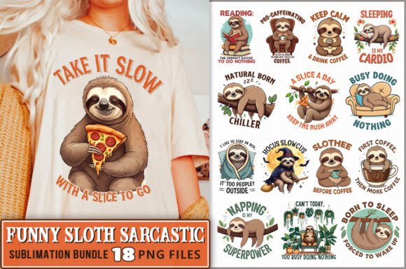 Funny Sloth PNG Sublimation Bundle Graphics and Illustrations